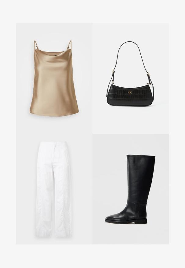 Világos bézs selyem camisole vékony pántokkal és lágyan ráncolt dekoltájours, sima, fényes textúrával.; Fehér, széles szárú nadrág könnyű anyagból, sima textúrával, letisztult vonalakkal és magasderék kialakítással.; Fekete bőrből készült, térd fölé érő csizma, lekerekített orral, sima felülettel, minimalista dizájnnal és lapos talppal. Egyszerű varrási részletek a szárán.; Fekete bőr kézitáska krokodilbőr mintázattal, karcsú formával és arany kiegészítőkkel. Egyetlen válltartó pánttal és domború logó részlettel rendelkezik.