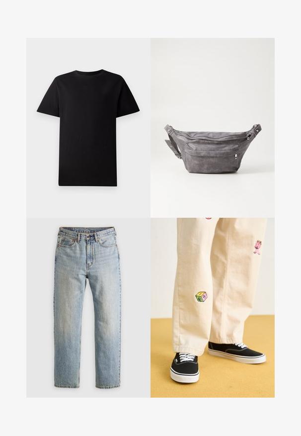 Jednoduché čierne tričko s krátkym rukávom a okrúhlym výstrihom vyrobené z bavlny, položené na bielom pozadí.; Svetlomodré džínsy s vysokým pásom, predným gombíkom, zipsom a dizajnom s piatimi vreckami, rozložené na neutrálnom pozadí.; Béžové bavlnené nohavice s hravými vyšívanými vzormi vrátane ružovej postavy a farebného bloku, skombinované s čiernymi šnurovacími teniskami.; Sivá semišová ľadvinka s okrúhlym tvarom, dvoma zipsovými priehradkami a nastaviteľným popruhom. Obsahuje kovové prvky.