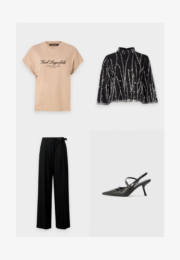 Beige puuvillane T-särk ümmarguse kaelusega, lühikeste varrukatega ning esiküljel musta värvi trükitud tekstiga, mis sisaldab brändi nime ja asukoha andmeid.; Mustmust lõhikuga must topp kõrgema kaelusega, millel on hõbedased säbrulised vertikaalsed read, läbipaistvad varrukad ja tekstureeritud kangas.; Mustad kõrge vöökohaga mustad laiad püksid, millel on ees voldid ja vöö, millel on pandla. Valmistatud siledast ja kergest kangast.; Must musta slingback kontsad, terava nina, peenike konts ja dekoratiivne pandla detail peal. Sile tekstuur ja stiilne disain.