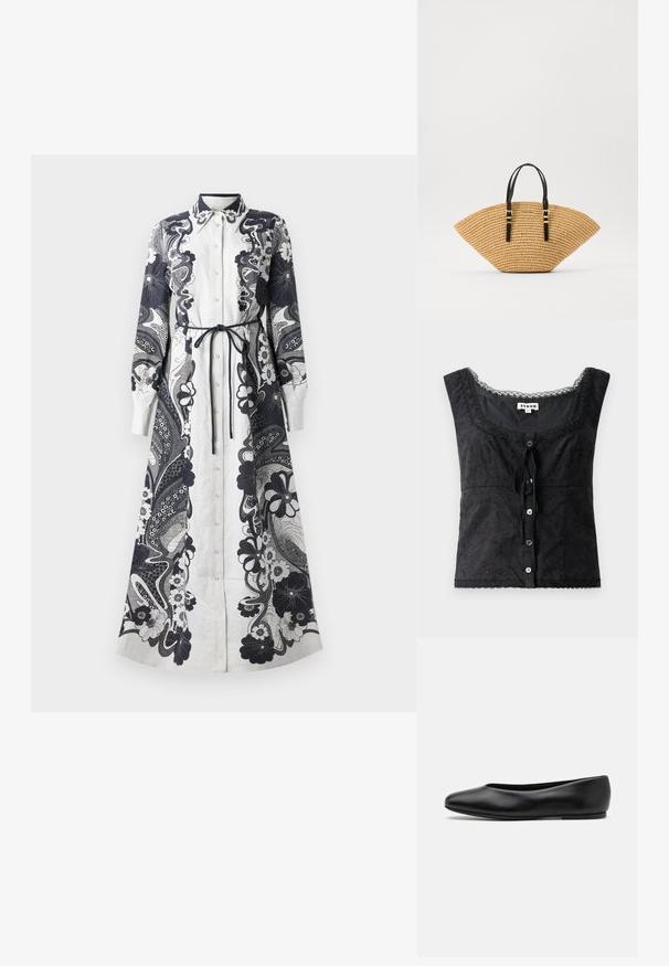 Black sleeveless top with floral embroidery, scoop neckline, button closure, and lace trim details. Features a tie at the front.; Long, button-up dress made of lightweight fabric. Predominantly white with intricate navy floral and paisley patterns. Tied waist detail.; Paul Smith TOPANGA - Ballet pumps - black; Straw bag with a unique fan shape, beige woven texture, and black leather handles featuring gold-tone buckles. Adjustable strap for versatility.