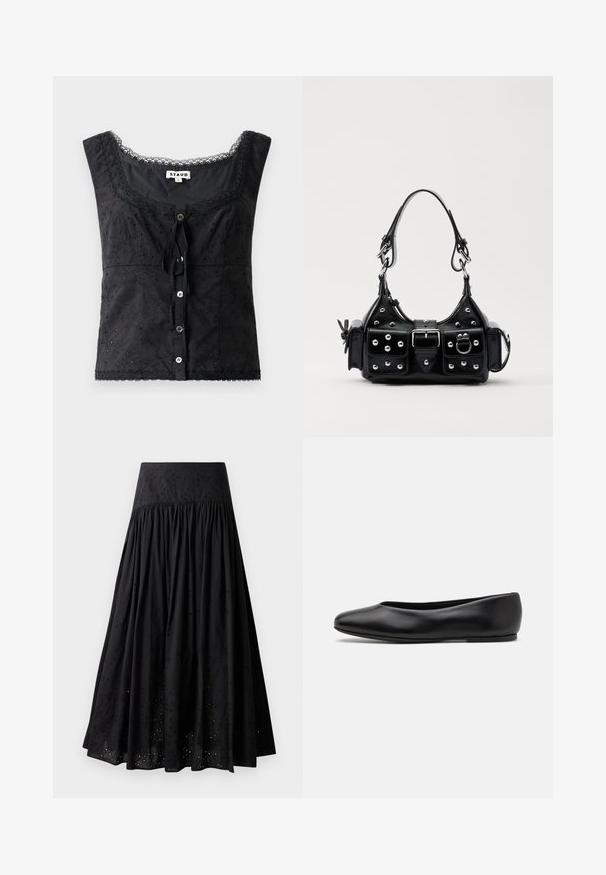 Musta ilmanhihoinen paita, jossa on kukkakirjontaa, pyöreä kaula-aukko, nappikiinnitys ja pitsiyksityiskohtia. Edessä on solmimisnauha.; Musta maxi-hame, joka on valmistettu puuvillasta ja jossa on brodeerattu vyötärö. Hameessa on koottua kangasta ja reunan aukotusta tarkkuusompelua.; Paul Smith TOPANGA - Ballerinat - black; Musta nahkainen käsilaukku, jossa on kaareva muotoilu, hopeiset niitit, solki ja kaksi sivutaskua. Säädettävä olkahihna erilaisiin kantovaihtoehtoihin.
