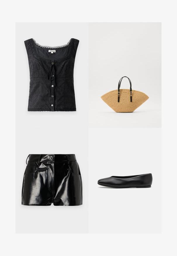 Czarna bezrękawnik z kwiecistym haftem, okrągłym dekoltem, zapięciem na guziki i koronkowymi detalami. Posiada wiązanie z przodu.; Czarne, błyszczące spodenki wykonane z materiału syntetycznego. Posiadają dopasowaną talię, szlufki na pasek oraz przednie kieszenie z wyraźnymi detalami stębnowania.; Paul Smith TOPANGA czarny; Torebka słomiana o unikalnym kształcie wachlarza, beżowej plecionej teksturze i czarnych skórzanych uchwytach z złotymi klamrami. Regulowany pasek dla większej wszechstronności.