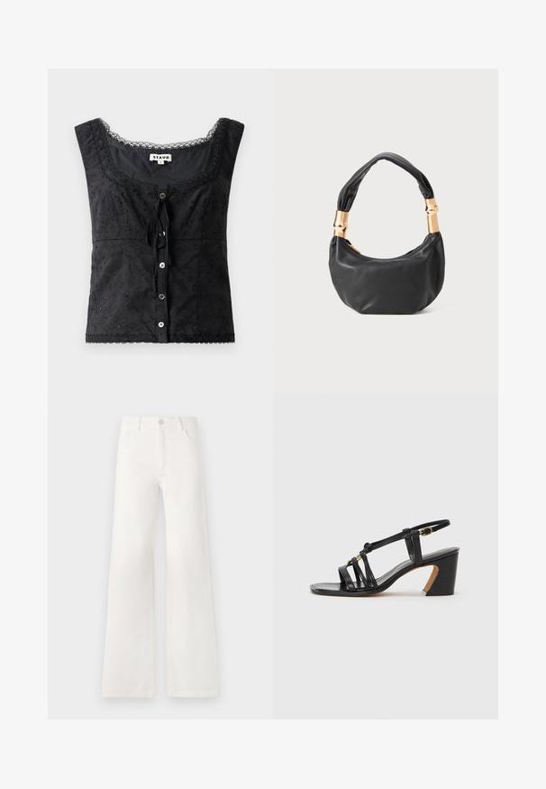 Top sin mangas negro con bordado floral, escote redondeado, cierre de botones y detalles de encaje. Presenta un lazo en la parte delantera.; Jeans blancos de tiro alto y pierna ancha, confeccionados en denim. Cuentan con un cierre de botón, dos bolsillos frontales y costuras con detalles en las costuras laterales.; Paul Smith AMIRA - Tacones - black; Bolso de mano de cuero negro con forma redonda, textura suave y un asa anudada que cuenta con acentos de hardware en tono dorado. Cierre con cremallera.