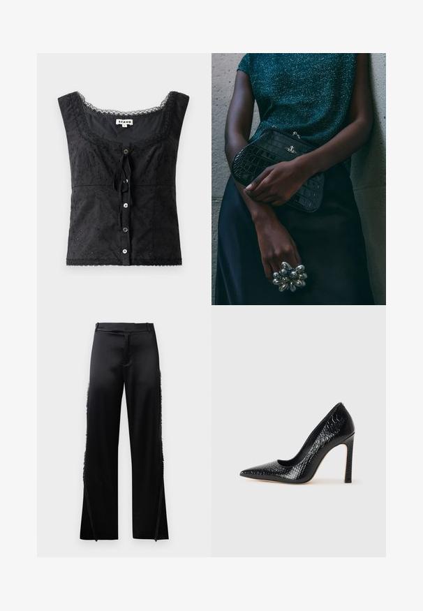 Černý bezrukávový top s květinovou výšivkou, kulatým výstřihem, knoflíkovým zapínáním a krajkovými detaily. Obsahuje mašli vpředu.; Černé saténové kalhoty s širokými nohavicemi, s třásněmi podél bočních švů a plochým pasem. Hladký zadní díl bez kapes.; Černý lodičkový bot s špičatou špičkou, pokrytý texturou krokodýlí kůže, s elegantním designem, vysokým stiletto podpatkem a hladkým černým interiérem.; Černá kabelka ve tvaru psaníčka s krokodýlím vzorem a stříbrným kováním, držena proti texturovanému šedému pozadí. Vyznačuje se lesklým povrchem.