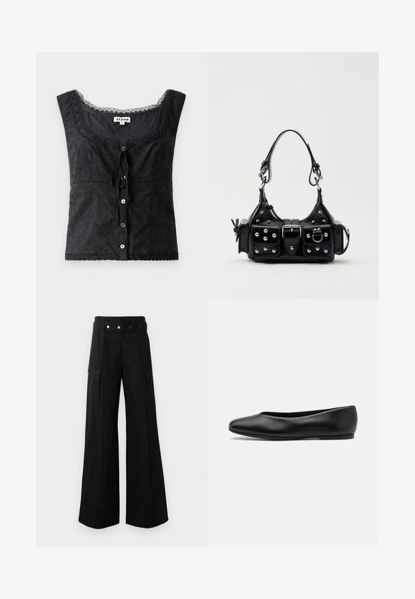 Černý bezrukávový top s květinovou výšivkou, kulatým výstřihem, knoflíkovým zapínáním a krajkovými detaily. Obsahuje mašli vpředu.; Černé kalhoty s širokými nohavicemi a vysokým pasem, které mají velké boční kapsy, dva přední knoflíky a detail v podobě poutka. Vyrobeno z pevné látky.; Paul Smith TOPANGA - Klasické baleríny - black; Černá kožená kabelka s křivkovým designem, zdobená stříbrnými hřebíky, s přezkou a dvěma bočními kapsami. Nastavitelný popruh pro různé možnosti nošení.