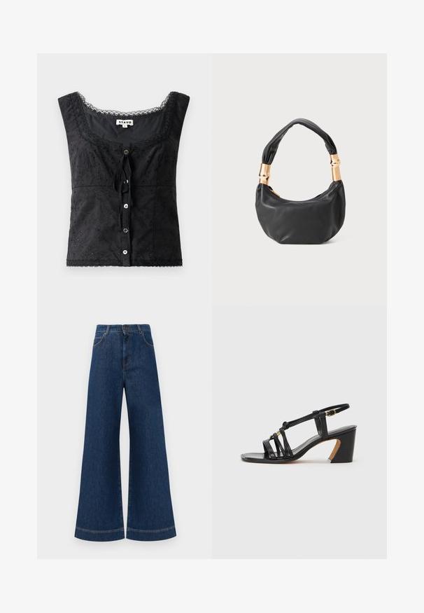 Musta ilmanhihoinen paita, jossa on kukkakirjontaa, pyöreä kaula-aukko, nappikiinnitys ja pitsiyksityiskohtia. Edessä on solmimisnauha.; Siniset farkut leveällä lahkeella ja korkealla vyötäröllä, jossa on nappikiinnitys, vyölenkit sekä huomaamattomat tikkaus yksityiskohdat taskuissa ja lahkeissa.; Paul Smith AMIRA - Avokkaat - black; Musta nahkalaukku pyöreällä muodolla, pehmeällä pinnalla ja solmulla varustetulla kahvalla, jossa on kultasävyiset yksityiskohdat. Vetoketjusuljenta.