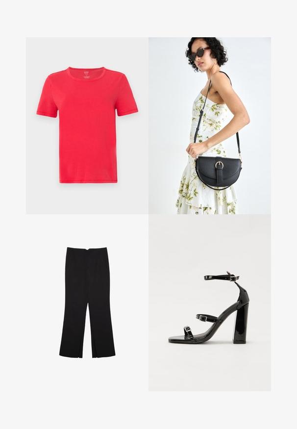Rød kortærmet t-shirt lavet af bomuld. Har en klassisk rund hals og et simpelt design uden mønstre eller accenter.; Sorte bukser med lige pasform, der har frontlommer og slidser i kanten. Lavet af blødt, glat stof. Velegnet til forskellige anledninger.; Sorte laklædersandaler med høje hæle, to spænderemme, firkantet tå og en kraftig blokhæl, der har en glat, blank overflade.; Sort læderhåndtaske med en buet form, aftagelig rem og guldfinish. Tasken har en klap med en spænde detalje.