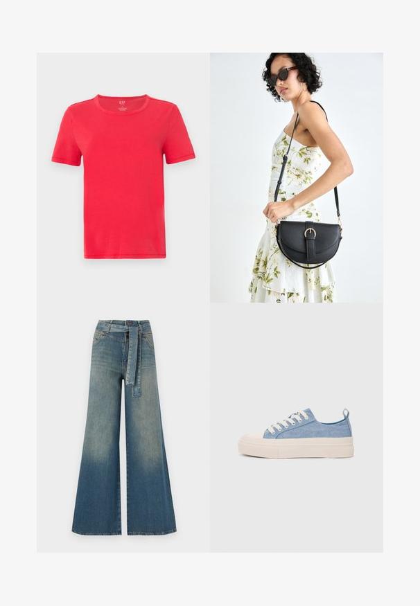 Red short-sleeve t-shirt made of cotton. Features a classic crew neck and simple design with no patterns or accents.; Wide-leg denim trousers featuring a light to dark blue gradient, high waist, belt loops, and a matching fabric belt. Textured denim finish.; Light blue canvas sneakers with a cream rubber toe cap and outsole, featuring white laces and a pull tab on the heel.; Black leather handbag with a curved shape, detachable strap, and gold hardware. The bag features a flap with a buckle detail.