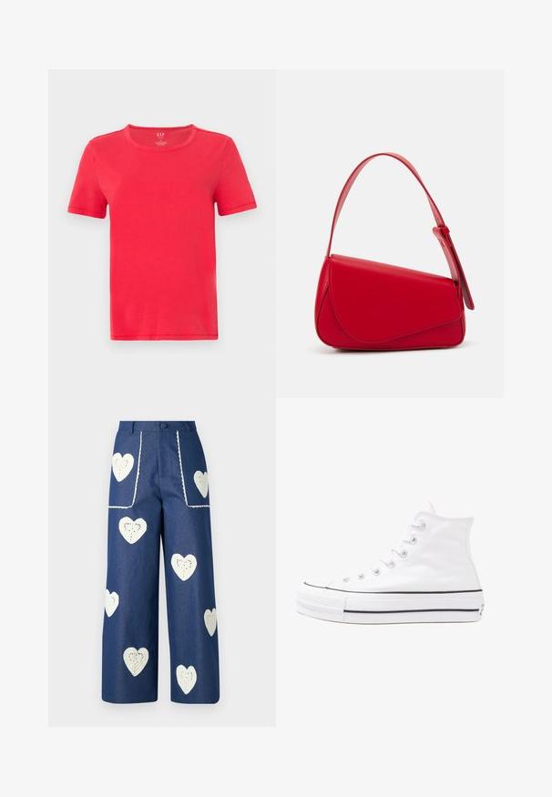 Piros, rövid ujjú pamut póló. Klasszikus kerek nyakkivágással és egyszerű mintázattal, díszítés vagy minták nélkül.; Sister Jane HEART TO HEART - Egyenes szárú farmer - blue denim; Fehér magaskorsó vászon sportcipő fekete gumi talppal, elülső gumi orrnyereggel és hat fűzőlyukkal, letisztult, minimalista dizájnnal.; Piros bőr kézitáska szögletes, geometrikus kialakítással. Egy állítható pánttal és varrott részletekkel ellátott fedélzárral rendelkezik.