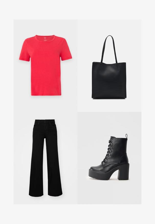 Röd kortärmad t-shirt i bomull. Har en klassisk rund halsringning och en enkel design utan mönster eller dekorationer.; Svarta vida byxor i denim, med en strukturerad midja, bältesöglor och framfickor. Slät textur med en klassisk design.; Svart läderankelboot med en kraftig blockklack, snörning framtill och texturerad yta. Har en flik på baksidan för enkel påtagning.; Svart lädertoffelväska med slät textur, rektangulär form och två långa handtag. Ingen synlig hårdvara eller dekorationer.
