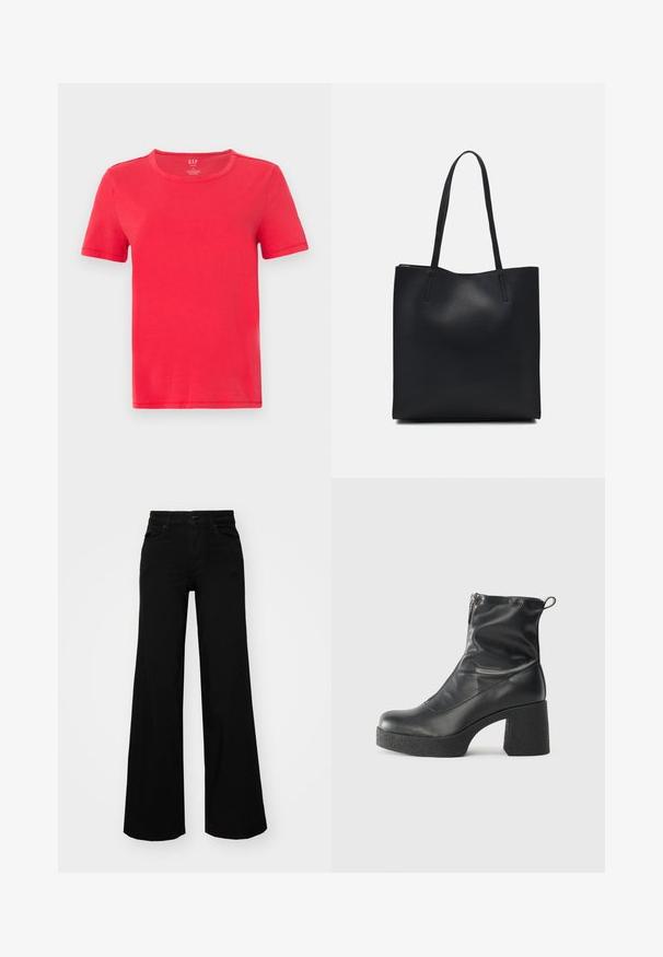 Rød kortærmet t-shirt lavet af bomuld. Har en klassisk rund hals og et simpelt design uden mønstre eller accenter.; Sorte bukser med bred benvidde lavet af denim, med en struktureret talje, bæltesløjfer og forlommer. Glat tekstur med et klassisk design.; Sorte ankelstøvler lavet af glat læder, med en sidelukning, kraftig struktureret hæl og rundt tådesign.; Sort læder tote taske med glat tekstur, rektangulær form og to lange hanke. Ingen synlig hardware eller udsmykninger.