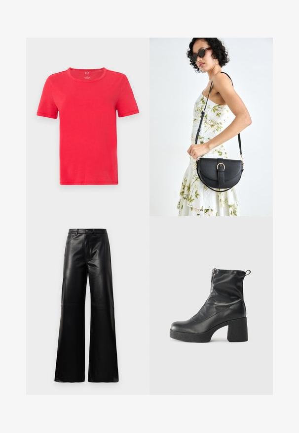 Raudona trumpa rankovė t-shirto marškiniai, pagaminti iš medvilnės. Vaizduoja klasikinį apvalų kaklą ir paprastą dizainą be raštų ar akcentų.; Juodos aukšto juosmens plačios kojų dirbtinės odos kelnės su priekiniais mygtukais, užtrauktuku, diržo kilpomis ir šoninėmis kišenėmis ant balto fono.; Juodos kulkšninių botai, pagaminti iš lygaus odos, su šoniniu užtrauktuku, masyviu tekstūruotu kulnu ir apvaliu pirštu.; Juodas odinis krepšys su išlenkta forma, nuimamu dirželiu ir auksiniais detalėmis. Krepšys turi kilpą su sagtimi.