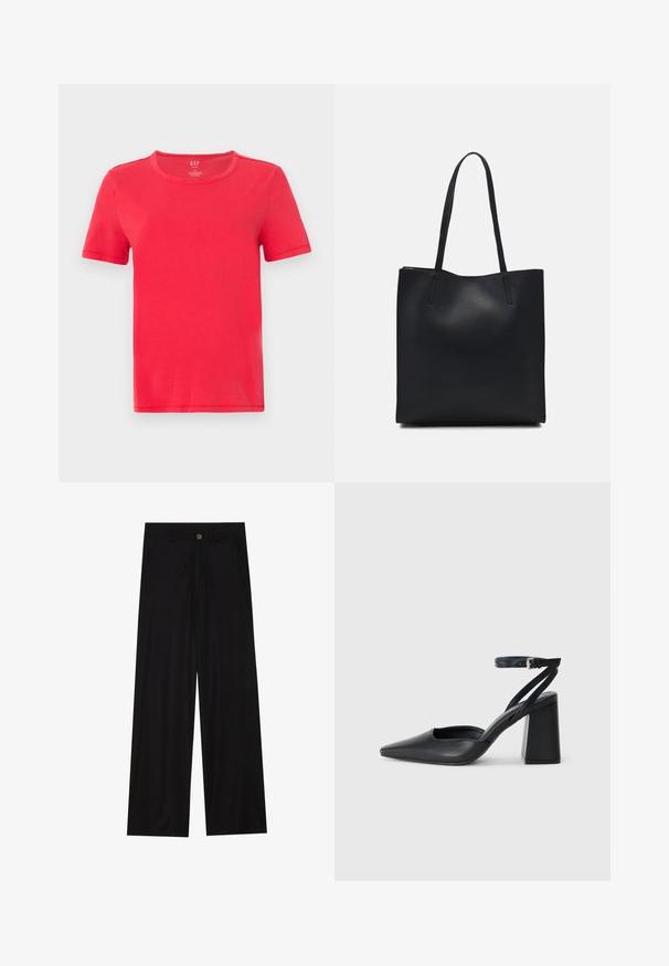 Red short-sleeve t-shirt made of cotton. Features a classic crew neck and simple design with no patterns or accents.; Wide-leg black trousers made of a smooth fabric, featuring front pockets and a button closure at the waist. Minimalist design with no patterns.; Black leather pointy-toe pump with an ankle strap and a chunky heel. Flat texture, sleek design, and minimalistic aesthetics.; Black leather tote bag with smooth texture, rectangular shape, and two long handles. No visible hardware or embellishments.