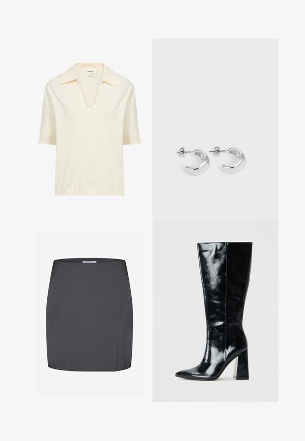 Cream-colored short-sleeve polo shirt made from soft material, featuring a V-neckline and a subtle ribbed texture at the collar and hem.; Envii SPLIT - Pencil skirt - grey; Black knee-high boots made of glossy leather, featuring a pointed toe and a chunky geometric heel with a smooth texture.; Silver hoop earrings with a smooth, polished finish. Round shape with a slightly curved design and blended edges. Pin back closure.