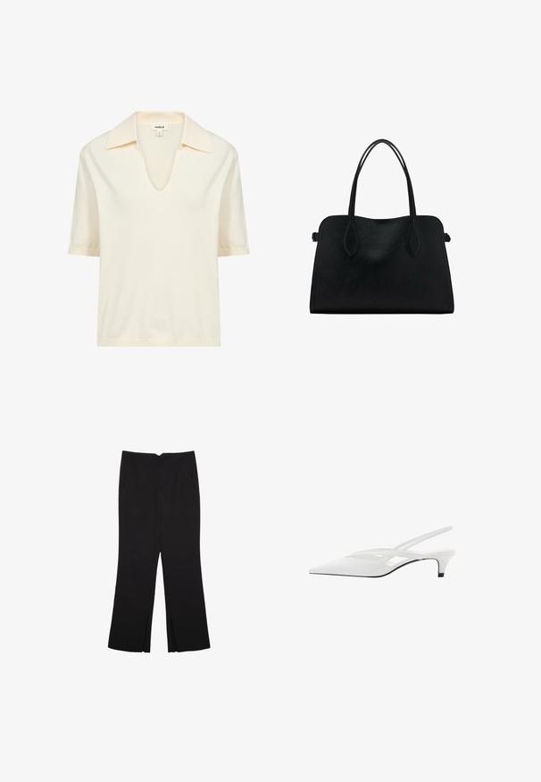 Kremna kratkohlasta polo majica iz mehkih materialov, s črtastim V-izrezom ter subtilno rebrasto teksturo na ovratniku in robu.; Črne hlače ravnega kroja z naglavnimi žepi in stranskimi razporki na robu. Narejene iz mehke, gladke tkanine. Primerne za različne priložnosti.; Bela slingback peta z ošiljenim nosom, z gladkim zgornjim delom, subtilnimi izrezi in nizkim blok petkom. Črna podplat poudarja dizajn.; Črna usnjena torbica z dvema naramnima trakoma, pravokotne oblike in minimalističnim dizajnom na beli podlagi.