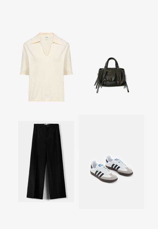 Crème-kleurige polo met korte mouwen, gemaakt van zacht materiaal, met een V-halslijn en een subtiele ribbeltextuur bij de kraag en de zoom.; Zwarte wijde broek van lichtgewicht stof, met een knoopsluiting aan de voorkant en een vlakke achterkant, afgewerkt met keurig gestikte zoom.; Sportschoenen met een witte leren bovenkant, grijze suède neus en drie zwarte strepen. Bevat een blauw logo op de tong en een gestructureerde rubberen zool.; Zwarte lederen handtas met gevlochten handvatten, ritsvak en hangende franjes. Gelaagde oppervlakte met metalen studs en hardwareaccenten.; Ketting met een spiraalvormige schelp als middelpunt, afgewisseld met onregelmatige witte parels en goudkleurige accenten. Verstelbare kettingsluiting.