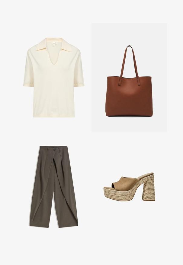 Krémové polo tričko s krátkym rukávom vyrobené z jemného materiálu, s výstrihom do V a jemnou rebrovanou textúrou na límci a leme.; Široké nohavice vyrobené z textúrovaného tmavošedého materiálu. Majú predný záhyb, zapínanie na gombík a bočné vrecká pre praktickosť.; Hnedé semišové platformové mule s otvorenou špičkou, s masívnym pleteným juty podpätkom a hladkým, zaobleným dizajnom hornej časti.; Hnedá kožená taška na rameno s hladkou textúrou, otvoreným vrchom a dvoma ramenými popruhmi. Má minimálne šitia a žiadne viditeľné kovania.