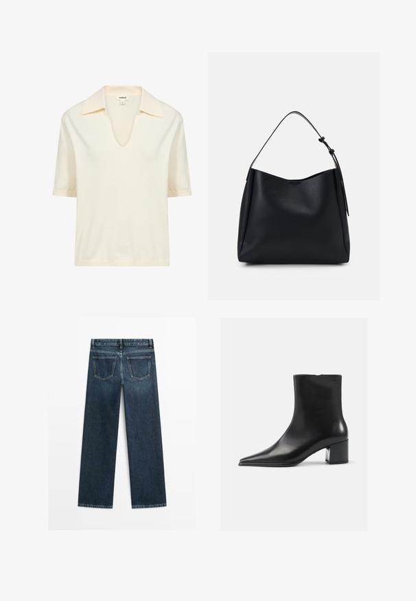 Kremowa koszulka polo z krótkim rękawem, wykonana z miękkiego materiału, z dekoltem w kształcie litery V oraz subtelną strukturą prążkową na kołnierzu i hemie.; Granatowe dżinsy o prostym kroju, z dwoma tylnymi kieszeniami i widocznym ściegiem wzdłuż szwów i brzegów.; Czarne skórzane botki za kostkę z wydłużonym noskiem, gładką fakturą i średnim obcasem w kształcie słupka. Minimalistyczny design, zamek błyskawiczny z tyłu.; Czarna skórzana torba hobo z pojedynczym paskiem na ramię, gładka faktura, zwężający się górny kształt i minimalistyczny design bez widocznych elementów metalowych.
