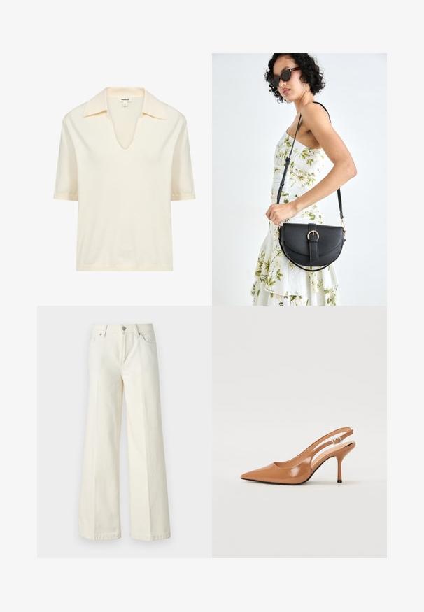 Kremasta kratka polo majica s kratkim rukavima izrađena od mekog materijala, sa V-izrezom i suptilnom rebrastom teksturom na ovratniku i rubu.; Široke bijele traperice izrađene od mješavine pamuka. Imaju zatvarač, dizajn s pet džepova i šavove uz rubove.; Sandal s petom u obliku šiljastog prsta od glatkog, sjajnog smeškastog materijala. Ima zakrivljeni izrez i vitku štiklu. Detalj s srebrnom kopčom.; Crna kožna torba s lukovitim oblikom, odvojivim remenom i zlatnim detaljima. Torba ima preklop s kopčom.