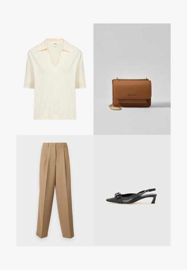 Camisa polo de manga corta color crema hecha de material suave, con escote en V y una sutil textura acanalada en el cuello y el dobladillo.; Pantalones de sastre beige con cintura alta, frente plisado y corte de pierna ancha. La tela parece suave con un ligero brillo.; Zapato slingback de cuero negro con punta afilada, tacón pequeño y detalle de hebilla decorativa en la parte superior. Textura suave, diseño minimalista.; Bolso crossbody de cuero texturizado marrón con correa de cadena dorada y cierre de solapa. La parte frontal presenta un detalle de logo y un bolsillo debajo de la solapa.