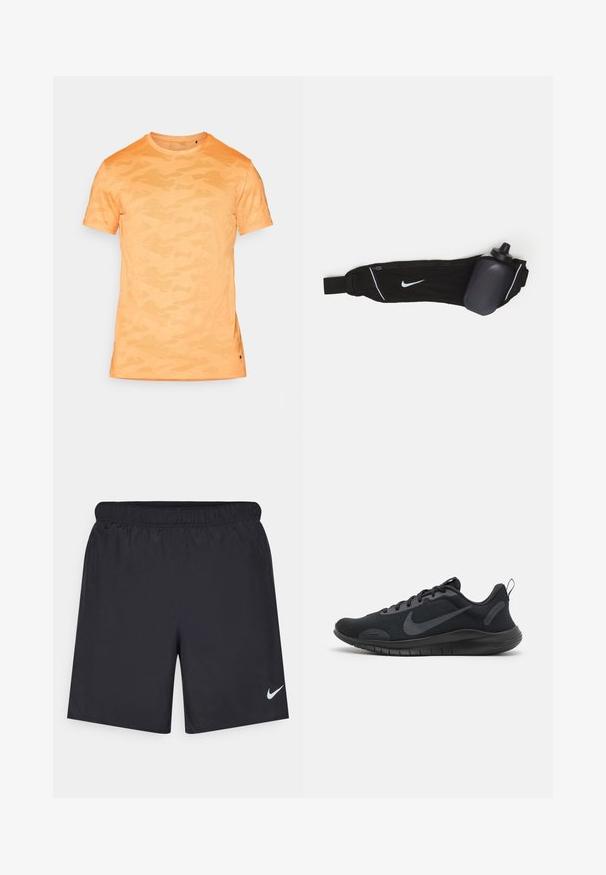 Oranssi kamuflaažikuvioinen lyhythihainen t-paita pyöreällä kaula-aukolla ja hillityllä tekstuurilla. Sivuhalkio helman kohdalla. Kevyt malli.; Mustat urheilushortsit, jotka on valmistettu kevyestä materiaalista ja joissa on joustava vyötärö. Alareunassa vasemmalla puolella on pieni valkoinen Nike-logo.; Mustat urheilukengät, joissa on tekstuuripintainen yläosa, nauhakiinnitys ja sileä pohja. Sivussa on näkyvä logo ja kantapäässä vetotappi.; Musta vesipullovyö säädettävällä hihnalla, jossa on valkoinen Nike-logo, harmaa vesipulloteline ja valkoiset korostusompeleet.