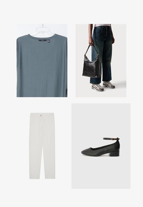 Lös passform teal T-shirt med rund halsringning och korta ärmar. Tyget verkar slätt. Etikett synlig på baksidan av halsen. Inga mönster eller detaljer.; Vita, skräddarsydda byxor med rak benform, med knappstängning, bältesslingor och sidofickor; mjuk tygtextur.; Svart läderpump med spetsig tå och en låg klack. Har en ankelsnodd med en guldtonad spänne. Slät textur.; Svart läderaxelväska med en slät yta och justerbar rem, i kombination med urtvättade vida jeans och sportiga sneakers.