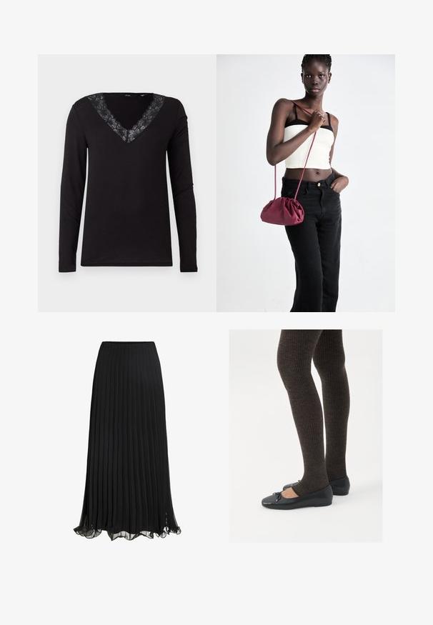 Juodas ilgas rankovės marškinėlis su V formos iškirpte, papuoštas gėlių nėriniu. Pagamintas iš lygaus, lanksčio audinio su standartiniu siluetu.; Juoda plisuota maksinė sijonas, pagamintas iš lengvos medžiagos su plaukiotu dizainu. Jame yra raukšlėtas apvadas ir elastinė juosmens juosta komfortui.; Juodos plokščios bateliai su maža kaspinėlio detale prie pirštų, derinami su tamsiai rudos spalvos raukšlėtomis pėdkelnėmis. Bateliai turi lygų paviršių ir žemą profilį.; Bordo minkštas audinys rankinukas su susiraukšlėjimu ir ilgu dirželiu, dėvimas per kūną. Modelis vilki baltą trumpą palaidinę ir juodas džinsus.