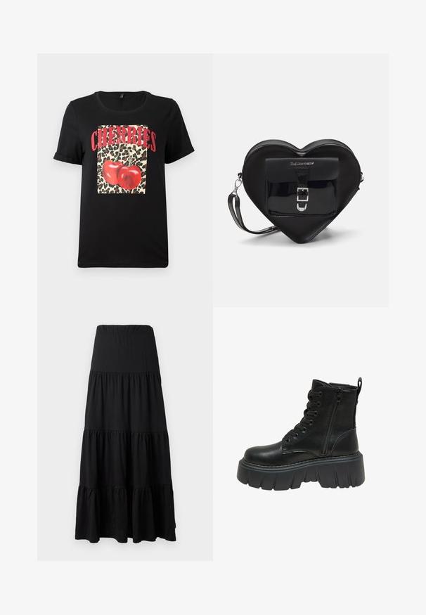 Melna T-kreklu ar īsām piedurknēm, kas lepojas ar leopardu raksta kvadrātu, ap kuru ir sarkanas ķirsīšu un vārdi "CHERRIES" izceltos sarkanos burtiem. Gluda kokvilnas auduma.; Melna maxi svārku ar mīkstu audumu, kas raksturojas ar pakāpenisku dizainu, elastīgu jostu un volānu akcents ap apakšējo malu.; Melna ādas potīšu zābaks ar biezu platformas zoli, ar auklām priekšpusē un sānu rāvējslēdzēju vieglākai uzvilkšanai. Teksturēta detalizācija gar zoli.; Melnas sirdshape formas somiņa, izgatavota no lakotas ādas, ar priekšējo kabatu, kurai ir sprādzes aizdare un noņemama siksna. Sudraba krāsas furnitūra.