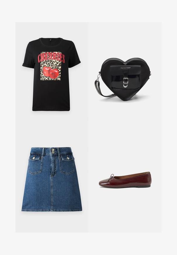 Sort T-shirt med korte ærmer, der har et leopardprint kvadrat med røde kirsebær og teksten "CHERRIES" i fede røde bogstaver. Glat bomuldsstof.; Denim nederdel i dyb blå, med en tætsiddende talje, to forlommer, to baglommer og sølvfarvede knaplukninger.; Bordeaux patentlæder balletflad med rund tå, lille sløjfeaccent foran og en lav, sort gummisål. Glat tekstur.; Sort hjertetask lavet af patentlæder med en frontlomme, der har en spænde-lukning og en aftagelig rem. Sølv hardware accenter.