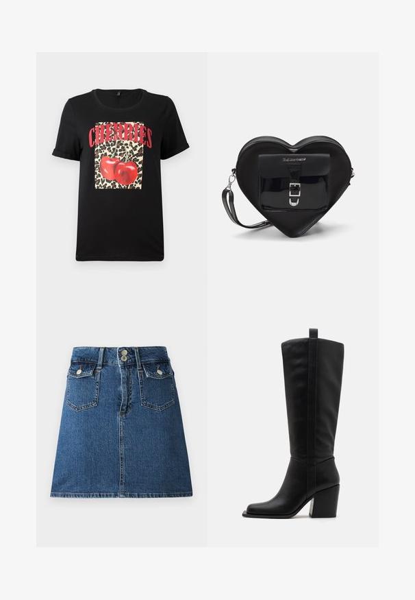 Sort T-shirt med korte ærmer, der har et leopardprint kvadrat med røde kirsebær og teksten "CHERRIES" i fede røde bogstaver. Glat bomuldsstof.; Denim nederdel i dyb blå, med en tætsiddende talje, to forlommer, to baglommer og sølvfarvede knaplukninger.; Sorte læderknæhøje støvler med en firkantet tå, en afsmalnet hæl og en lodret sømdetalje langs den ydre skaft. Glat tekstur.; Sort hjertetask lavet af patentlæder med en frontlomme, der har en spænde-lukning og en aftagelig rem. Sølv hardware accenter.