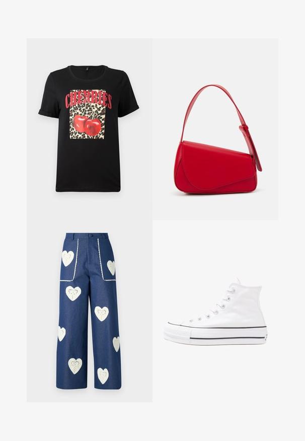 Musta lyhythihainen T-paita, jossa on leopardikuvioinen neliö punaisilla kirsikoilla ja "CHERRIES"-teksti paksuilla punaisilla kirjaimilla. Sujuva puuvillakangas.; Sister Jane HEART TO HEART - Straight leg -farkut - blue denim; Valkoiset korkeavartiset kangaskengät mustalla kumipohjalla, edessä kuminen varvasosa ja kuusi nauha-aukkoa, puhtaan minimalistisella muotoilulla.; Punainen nahkalaukku, jossa on kulmikas, geometrinen muotoilu. Varustettu yhdellä säädettävällä hihnalla ja läpällä, jossa on ommeltu yksityiskohtia.