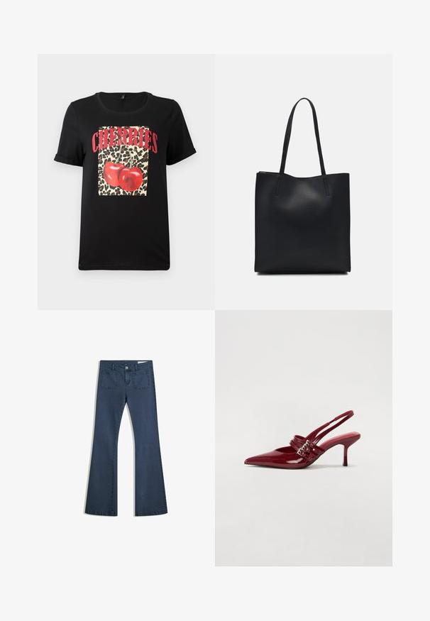 Tricou scurt negru cu maneci, featuring un pătrat cu model de leopard, roșii și textul "CHERRY" în litere roșii îndrăznețe. Fabrică din bumbac fin.; Jeans din denim de un albastru închis, cu o croială evazată, buzunare cusute, închidere cu nasture și o textură netedă. Are un design clasic cu cinci buzunare.; Pantofi cu toc slingback din piele roșie lacuită, cu vârf ascutit, două curele cu cataramă și un toc subțire, de înălțime medie. Textură netedă.; Geantă tote neagră din piele, cu textură netedă, formă rectangulară și două mânere lungi. Fără hardware vizibil sau ornamente.
