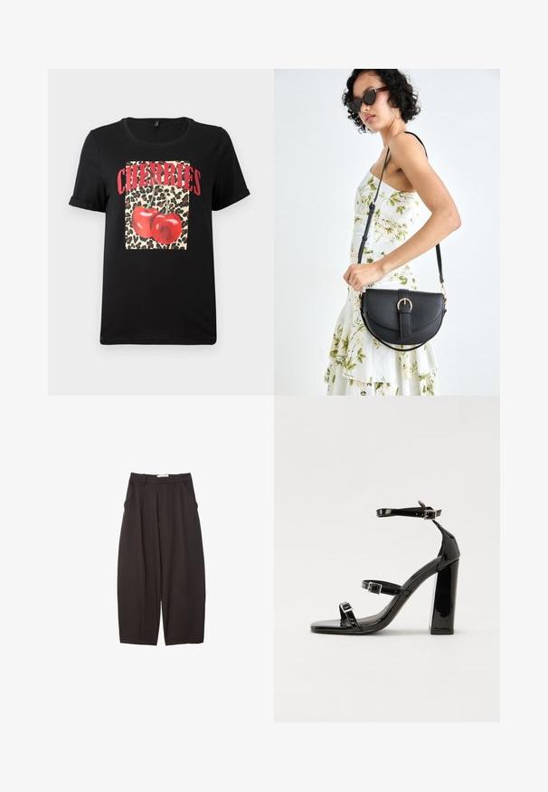 Sort T-shirt med korte ærmer, der har et leopardprint kvadrat med røde kirsebær og teksten "CHERRIES" i fede røde bogstaver. Glat bomuldsstof.; Sorte brede bukser lavet af et glat stof, med høj talje, forfaldne folder og sidelommer. Simpelt design uden udsmykninger.; Sorte laklædersandaler med høje hæle, to spænderemme, firkantet tå og en kraftig blokhæl, der har en glat, blank overflade.; Sort læderhåndtaske med en buet form, aftagelig rem og guldfinish. Tasken har en klap med en spænde detalje.