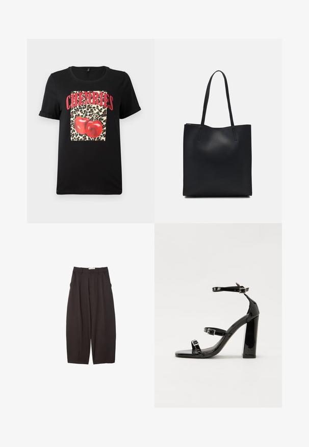 Crna kratka majica s kratkim rukavima koja prikazuje kvadrat s leopard uzorkom i crvenim trešnjama, uz natpis "TREŠNJE" ispisan velikim crvenim slovima. Glatka pamučna tkanina.; Crne široke hlače napravljene od glatke tkanine, s visokim strukom, prednjim nabranjima i bočnim džepovima. Jednostavan dizajn bez ukrasa.; Crne lakirane sandale na visoku petu s dva remena s kopčama, kvadratnim vrhom i masivnom blok petom, s glatkom, sjajnom teksturom.; Crna kožna torba za nošenje s glatkom teksturom, pravokutnim oblikom i dvije duge ručke. Nema vidljivih metalnih dijelova ili ukrasa.
