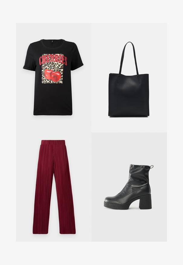 Black short-sleeve T-shirt featuring a leopard print square with red cherries and "CHERRIES" text in bold red letters. Smooth cotton fabric.; Maroon pleated wide-leg pants with an elastic waistband. Textured fabric features vertical stripes. Straight cut to the hem.; Black ankle boots made of smooth leather, featuring a side zipper, chunky textured heel, and rounded toe design.; Black leather tote bag with smooth texture, rectangular shape, and two long handles. No visible hardware or embellishments.