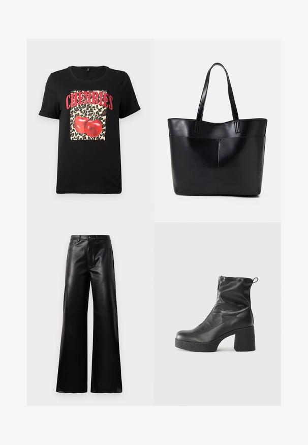 Must ülikergete lühikeste varrukatega must T-särk, millel on leopardimustriga ruut, mille sees on punased kirsiid ja "CHERRIES" tekst paksude punaste tähtedega. Sile puuvillane kangas.; Mustad talje laiad jalad kunstnahast püksid esipaneeli nööbi ja lukuga, vöödega ja küljetaskutega valge tausta peal.; Mustad mustad ansapüksid, mis on valmistatud siledast nahast, külje zipperiga, paksu tekstuuriga kontsaga ja ümmarguse nina disainiga.; Must mustaga musta nahast, millel on kaks pikka kanda, sile tekstuur ja struktureeritud kuju. Esipoolsel on lisakoti jaoks tasku.