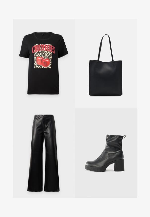 Černé tričko s krátkým rukávem s leopardím vzorem v čtvercovém provedení, na kterém jsou červené třešně a text "CHERRIES" tučným červeným písmem. Hladká bavlněná látka.; Černé kalhoty s vysokým pasem a širokými nohavicemi z umělé kůže, s předním knoflíkem, zipovým zapínáním, poutky na pás a bočními kapsami na bílém pozadí.; Černé kotníkové boty vyrobené z hladké kůže, s bočním zipem, robustním strukturovaným podpatkem a kulatou špičkou.; Černá kožená taška přes rameno s hladkým povrchem, obdélníkovým tvarem a dvěma dlouhými uchy. Žádné viditelné kování ani ozdoby.