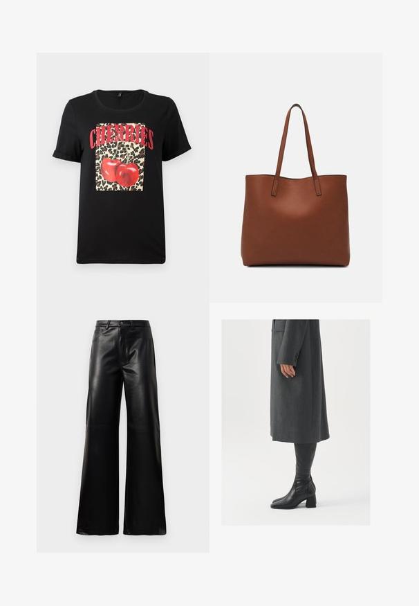 Schwarzes T-Shirt mit kurzärmeligen, featuring ein Leopardenmuster Quadrat mit roten Kirschen und dem Wort "CHERRIES" in fetten roten Buchstaben. Glattes Baumwollmaterial.; Schwarze leichte, weit geschnittene, hochtaillierte Kunstlederhose mit vorderem Knopf, Reißverschluss, Gürtelschlaufen und Seitentaschen auf weißem Hintergrund.; Grau, maßgeschneiderter Überwurf mit geradem Schnitt; kombiniert mit knöchelhohen, schwarzen Lederstiefeln mit quadrater Zehenform und klobigem Absatz.; Braune Leder-Tote mit glatter Textur, offenem Oberteil und zwei Schulterriemen. Verfügt über minimale Nähte und keine sichtbaren Beschläge.