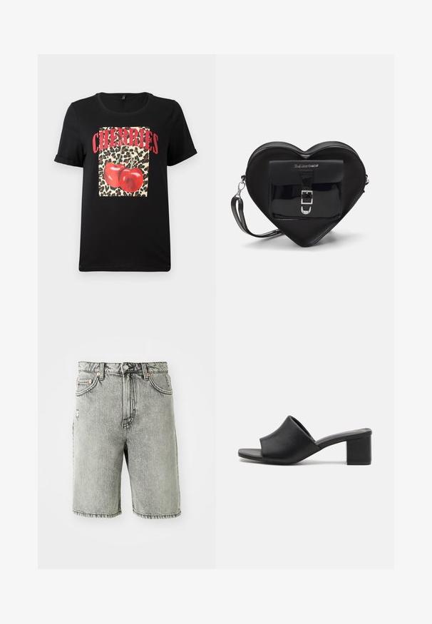 Sort T-shirt med korte ærmer, der har et leopardprint kvadrat med røde kirsebær og teksten "CHERRIES" i fede røde bogstaver. Glat bomuldsstof.; Grå denim shorts med et klassisk fem-lomme design, en slidt finish og syet detaljering ved kanten og taljen.; Sorte læder mules med blokhæl og åben tå, med en glat overflade og let buet overdelsdesign for komfort og stil.; Sort hjertetask lavet af patentlæder med en frontlomme, der har en spænde-lukning og en aftagelig rem. Sølv hardware accenter.