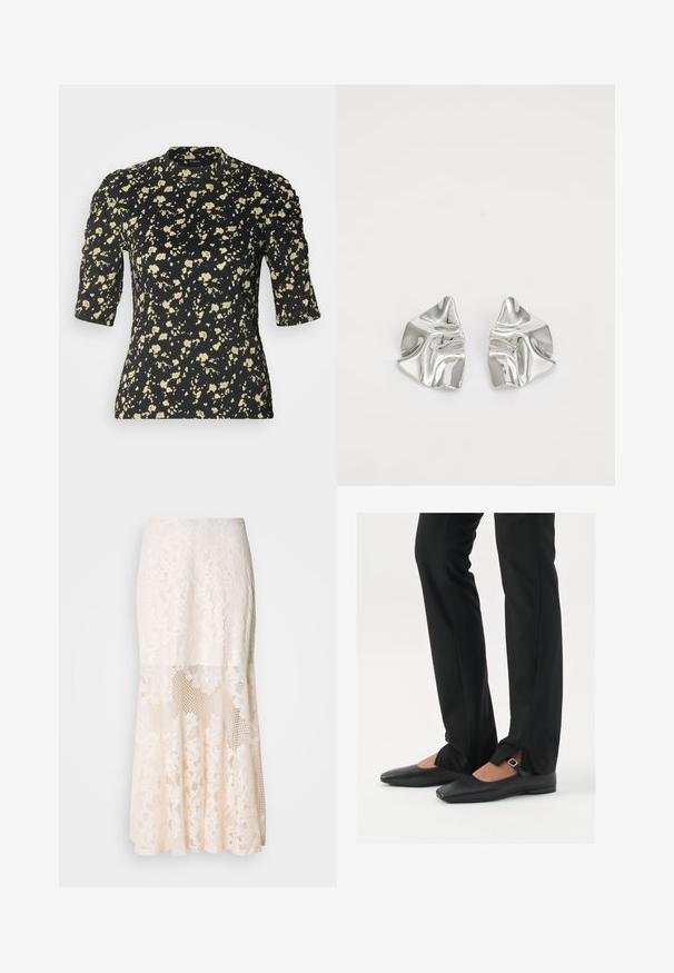 Lindex LORELAI - T-Shirt print - off black; Blumige Spitzen-Midi-Rock in Creme; verfügt über ein geschichtetes Design mit transparenten Abschnitten, strukturierter Spitze und einem ausgestellten Saum.; Schwarze Leder-Ballerinas mit spitzer Zehenpartie, Riemchen mit silberner Schnalle, kombiniert mit schwarzen taillierten Hosen mit Schlitzsaum.; Silberne Metallohrringe mit einem wellenförmigen, skulpturalen Design, das eine polierte Oberfläche und unregelmäßige Formen aufweist, die eine zeitgenössische Ästhetik betonen.
