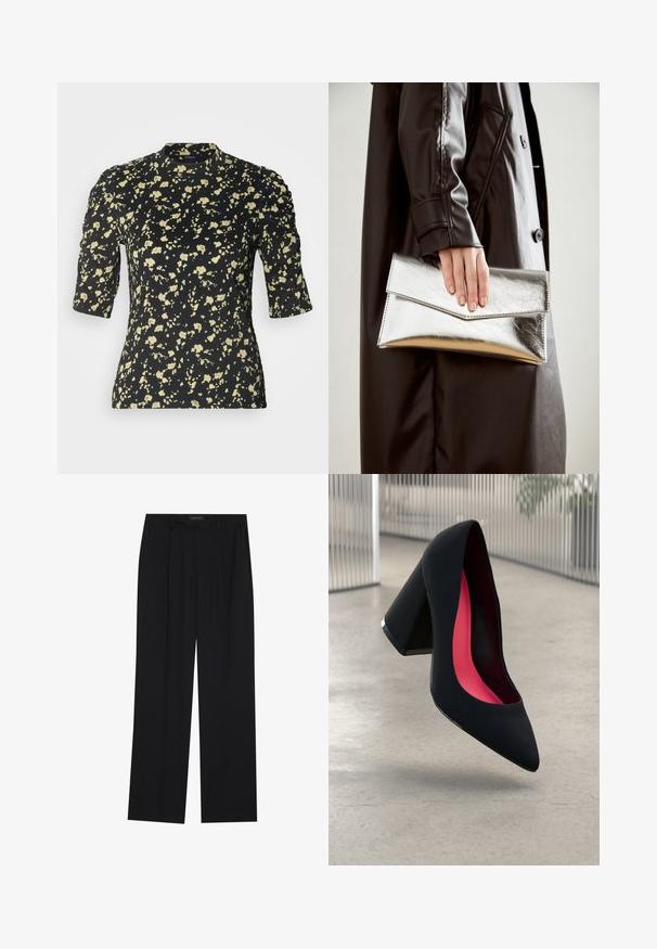 Lindex LORELAI - T-shirt con stampa - off black; Pantaloni neri con un design a gamba dritta, dotati di due tasche frontali e di una vita. Realizzati in un tessuto morbido e leggero.; Scarpa con tacco alto nera, con punta affusolata, superficie testurizzata e un vivace interno rosa. Presenta un tacco spesso con un accento argentato.; Clutch metallico argento con un design a busta angolare, texture liscia e colore interno a contrasto, tenuto in mano da una persona che indossa un cappotto nero.