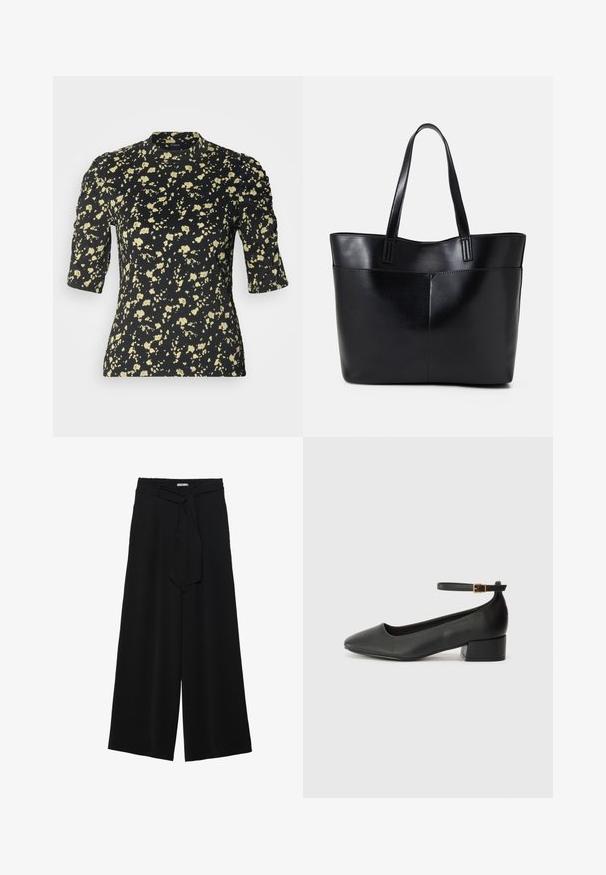 Lindex LORELAI - Apdrukāts T-krekls - off black; Melni platleņķa bikses ar teksturētu audumu, elastīgu jostu un noņemamu siksnu viduklī, kas nodrošina regulējamu piegulšanu.; Melnas ādas sūkņi ar smailu purngalu un zemu bloku papēdi. Iezīmēts ar potītes siksniņu ar zelta krāsas sprādzi. Gluda tekstūra.; Melnas ādas iepirkumu soma ar divām garām rokturām, gludu tekstūru un strukturētu formu. Iekļauj priekšējo kabatu papildu uzglabāšanai.