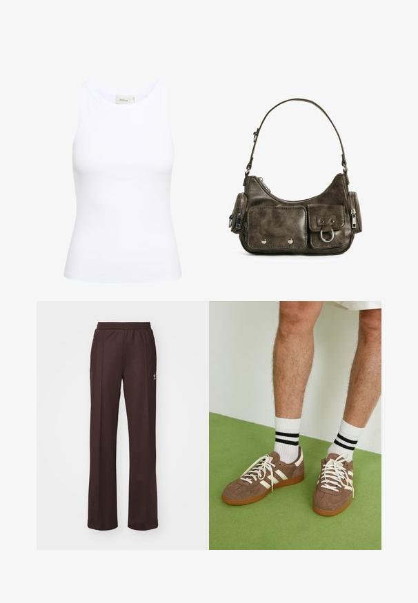 Fehér bordázott ujjatlan topp kör alakú nyakkivágással. Rugalmas anyagból készült, testhezálló design. A hátsó címke a következőt írja: "GESTUZ."; Barna sport nadrág rugalmas derékkal, két oldalsó zsebbel és egy kis logóval a bal oldalon, puha anyagból készült.; Barna velúr sportcipő fehér díszítéssel és fűzővel. Gumi talp. Fehér zoknival viselve, fekete csíkokkal. Zöld, textúrázott padló.; Sötétzöld bőr kézitáska ívelt formával, cipzáras zsebekkel és elülső fedélzsebbel. Ezüst hardware-rel és textúrázott felülettel rendelkezik.; Arany színű szív charm karkötő három függő szívvel, melyekből kettőt kristályok díszítenek. Kapcsolódó lánc kialakítás, erős zárással.