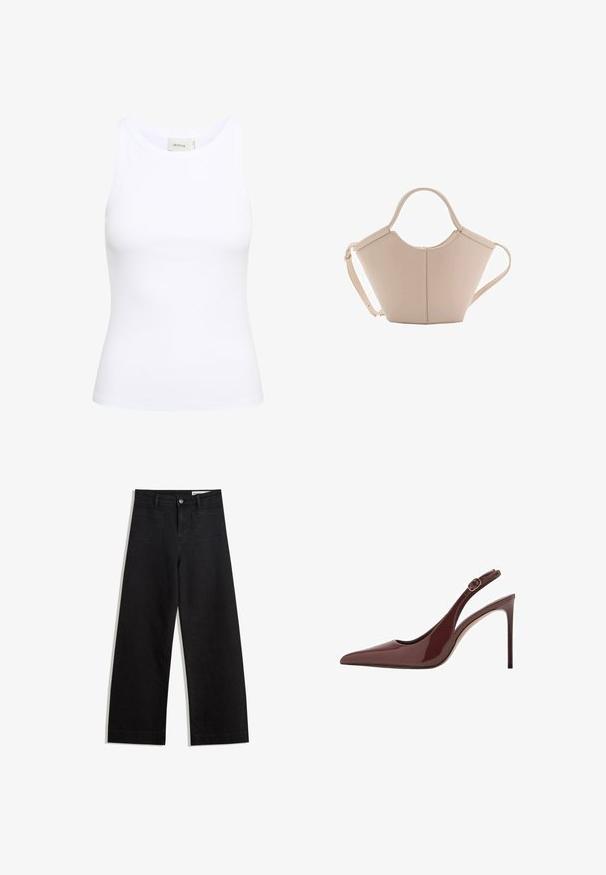 Bijela rebrasta majica bez rukava s okruglim izrezom. Elastični materijal i uski kroj. Oznaka na leđima kaže "GESTUZ."; Crne široke traperice s visokim strukom, s prednjim i stražnjim džepovima, šivenim šavovima i kopčanjem na gumb. Glatka tekstura.; Tamnosmeđi lakirani kožni salonke s oštrim vrhom, sa remenom za zakopčavanje i tanjim stiletto potpeticom.; Bež kožna torba jedinstvenog oblika, s dva kratka ručka i dugom podesivom trakom. Glatka tekstura s minimalnim metalnim dodacima.