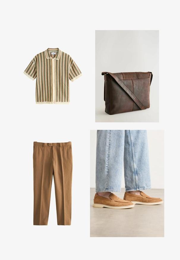 Next SHORT SLEEVE - T-shirt con stampa - neutral sage green; Pantaloni marroni in tessuto texturizzato, vestibilità rilassata, chiusura con un bottone e passanti per cintura. Presentano tasche laterali e un design a gamba dritta.; Scarpe slip-on in suede marrone con profilo basso, suola crema e dettagli di cucitura, abbinate a pantaloni in denim blu chiaro.; Borsa messenger in pelle marrone con patta testurizzata, dotata di una lunga tracolla regolabile e dettagli di cuciture visibili. Finitura liscia e opaca.