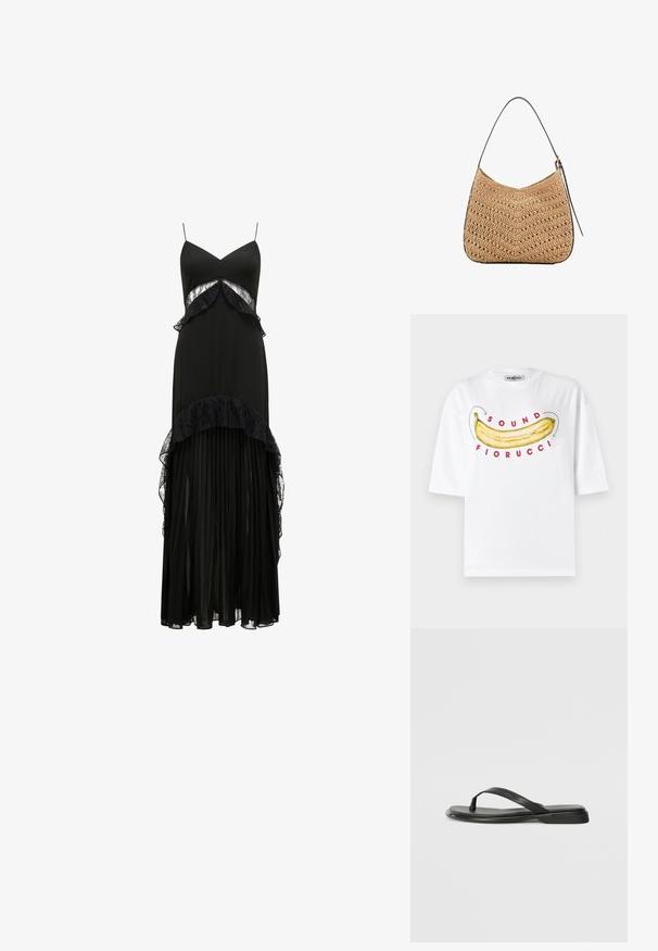 Fiorucci BANANA SOUND - Printtipaita - white; Mustasilkkinen maksi mekko, jossa on ohuet olkaimet, pitsikoristelu, kerrokselliset volangit vyötäröllä ja laskostettu hame. Sujuva pinta, elegantti siluetti.; Mustat varvastossut, joissa on sileä nahkapinta, ohut hihna ja litteä pohja, jossa on minimalistinen muotoilu. Ei huomattavia kuvioita tai koristeita.; Kudottu olkalaukku, jossa on kaareva muoto, tumma nahkahihna ja teksturoitu pinta, jossa on chevron-kuvio.