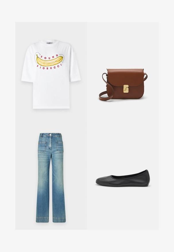 Fiorucci BANANA SOUND - Tričko s potlačou - white; Svetlomodré rifľové rozšírené džínsy s piatimi vreckami, pútkami na opasok, zapínaním na gombík a mierne blednutou textúrou, s červeným logom na zadnej strane.; Čierne kožené baleríny s okrúhlou špičkou, hladkým povrchom, minimálnym prešívaním a flexibilným dizajnom podrážky.; Hnedá kožená kabelka s klopou, zlatými kovovými prvkami, ramenným popruhom a hladkým povrchom. Kompaktný obdĺžnikový tvar.