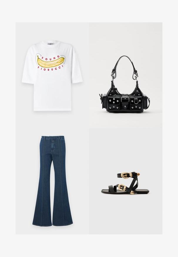 Fiorucci BANANA SOUND - T-shirt con stampa - white; Pantaloni in denim a zampa d'elefante di colore blu scuro, con cuciture strutturate e un finish pulito. Presentano una vita a media altezza e gambe ampie e fluide.; Sandali neri in pelle con dettagli in oro, caratterizzati da più cinghie e una suola piatta per un design open-toe.; Borsa a mano in pelle nera con design curvo, caratterizzata da borchie argentate, una fibbia e due tasche laterali. Tracolla regolabile per diverse opzioni di trasporto.
