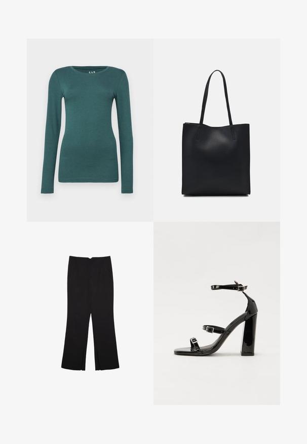 GAP CREW - Top dugih rukava - moores green; Crne hlače ravnog kroja, s prednjim džepovima i bočnim prorezima na rubu. Izrađene od mekog i glatkog materijala. Pogodne za razne prigode.; Crne lakirane sandale na pete sa kvadratnim nosom, trakama oko gležnja i srebrnim kopčama. Imaju čvrst blok petu za stabilnost.; Crna kožna torba za nošenje s glatkom teksturom, pravokutnim oblikom i dvije duge ručke. Nema vidljivih metalnih dijelova ili ukrasa.