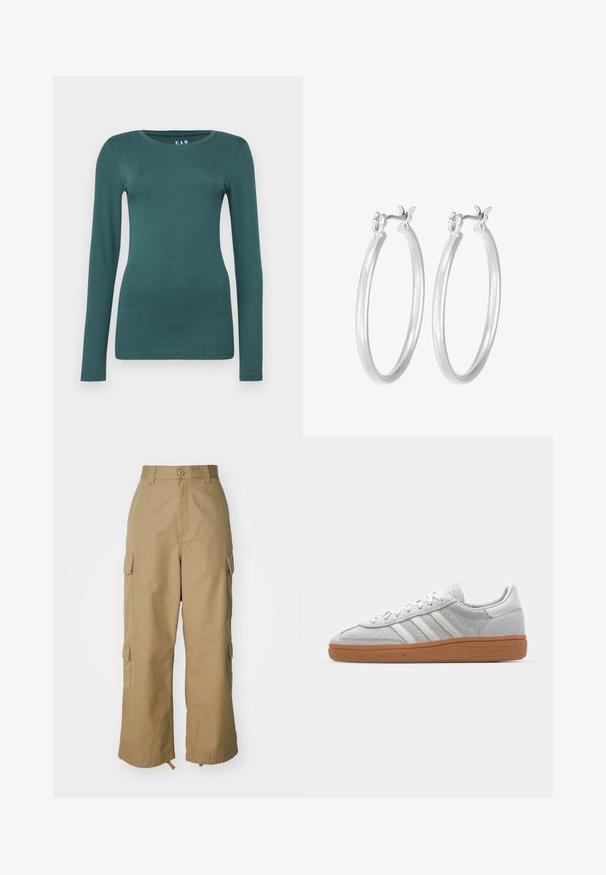 GAP CREW - Ilgarankovis viršutinės dalies drabužis - moores green; Šviesiai rudos spalvos cargo kelnės su aukštu liemeniu, plačiomis kojomis ir keturiomis didelėmis šoninėmis kišenėmis. Pagamintos iš patvarios medžiagos su lygiu paviršiumi ir minimaliais detalėmis.; Šviesiai pilki zomšiniai sportbačiai su baltais odiniais akcentais, trimis baltomis juostelėmis ir rudą guminę pada, turintys paminkštintą apykaklę patogumui.; Sidabriniai auskarai su sklandžiu, poliruotu paviršiumi. Apvalios formos ir saugus uždarymo mechanizmas. Lengvas dizainas, tinkantis kasdieniam dėvėjimui.
